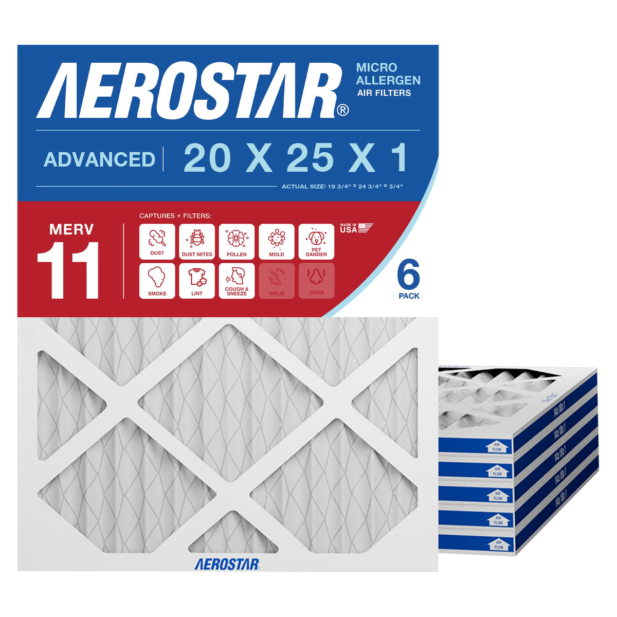 Aerostar universal-compatibility 20x25x1 filter fits many HVAC models for easy installation.