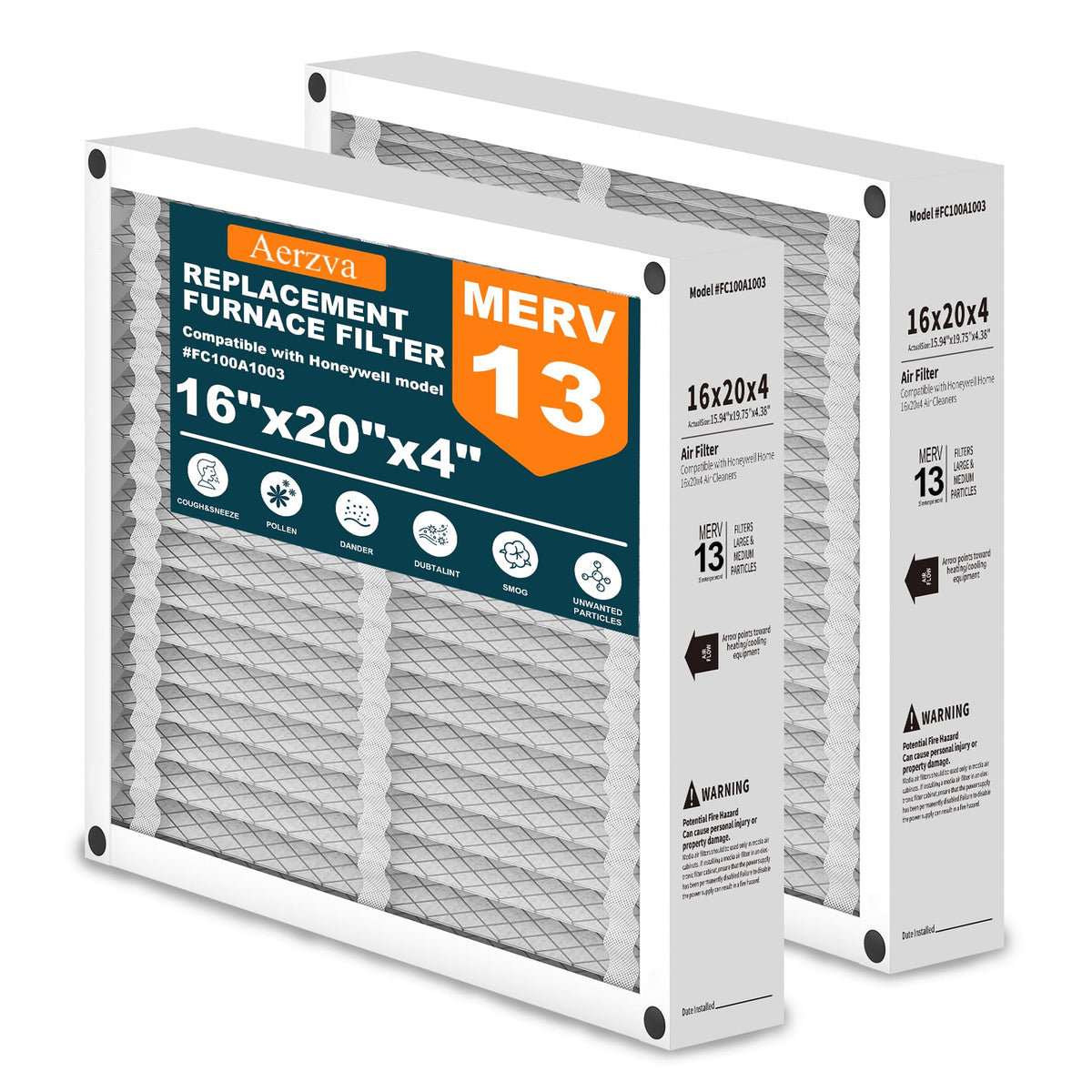 Aerzva 16x20x4 air filter front view for Honeywell FC100A1003, showing fit and airflow.