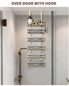 Aetyord towel organizer mounted on a door in a compact bathroom