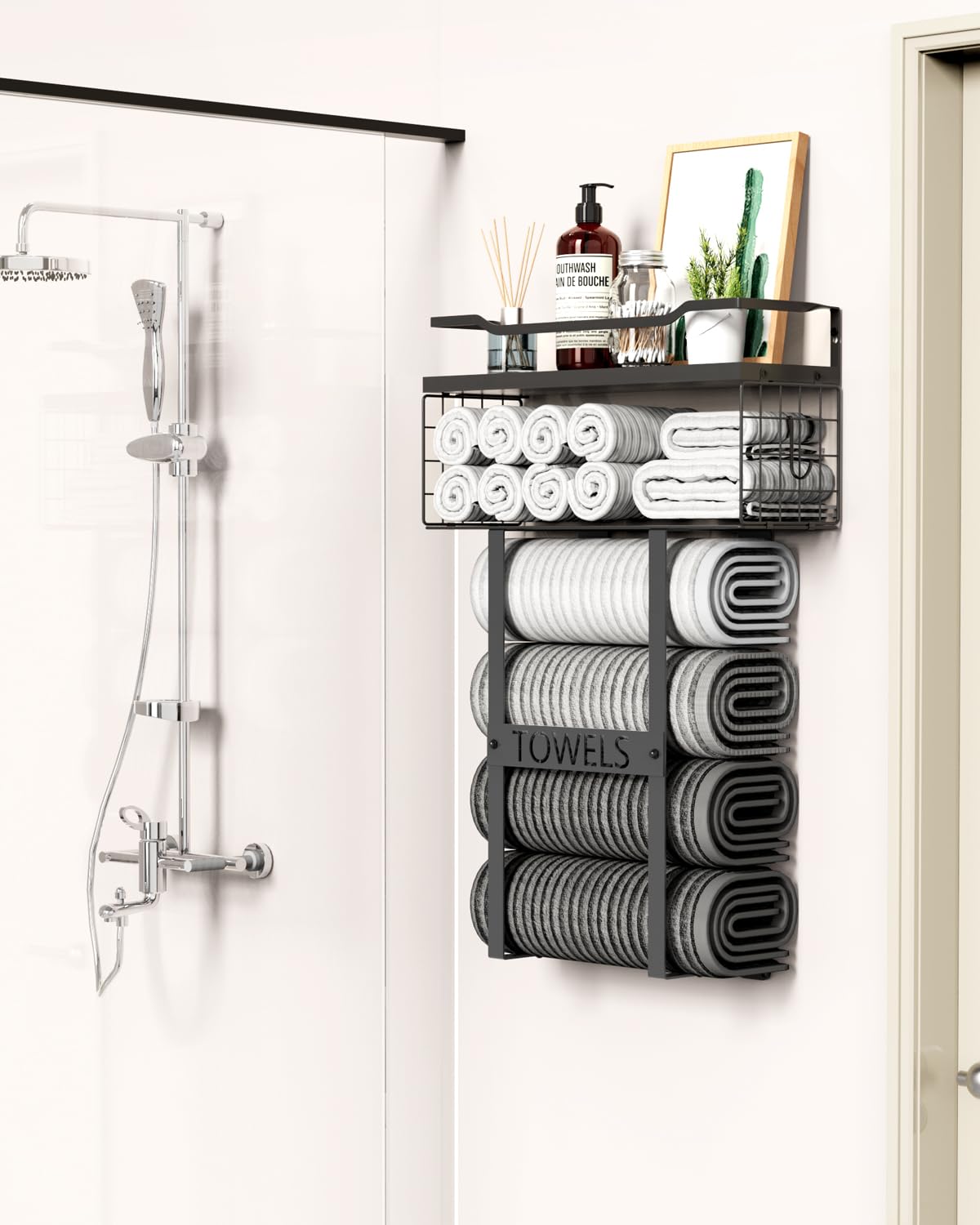 Aetyord floating shelf towel organizer with decorative items