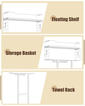 Aetyord floating wood shelf provides elegant storage above towels.