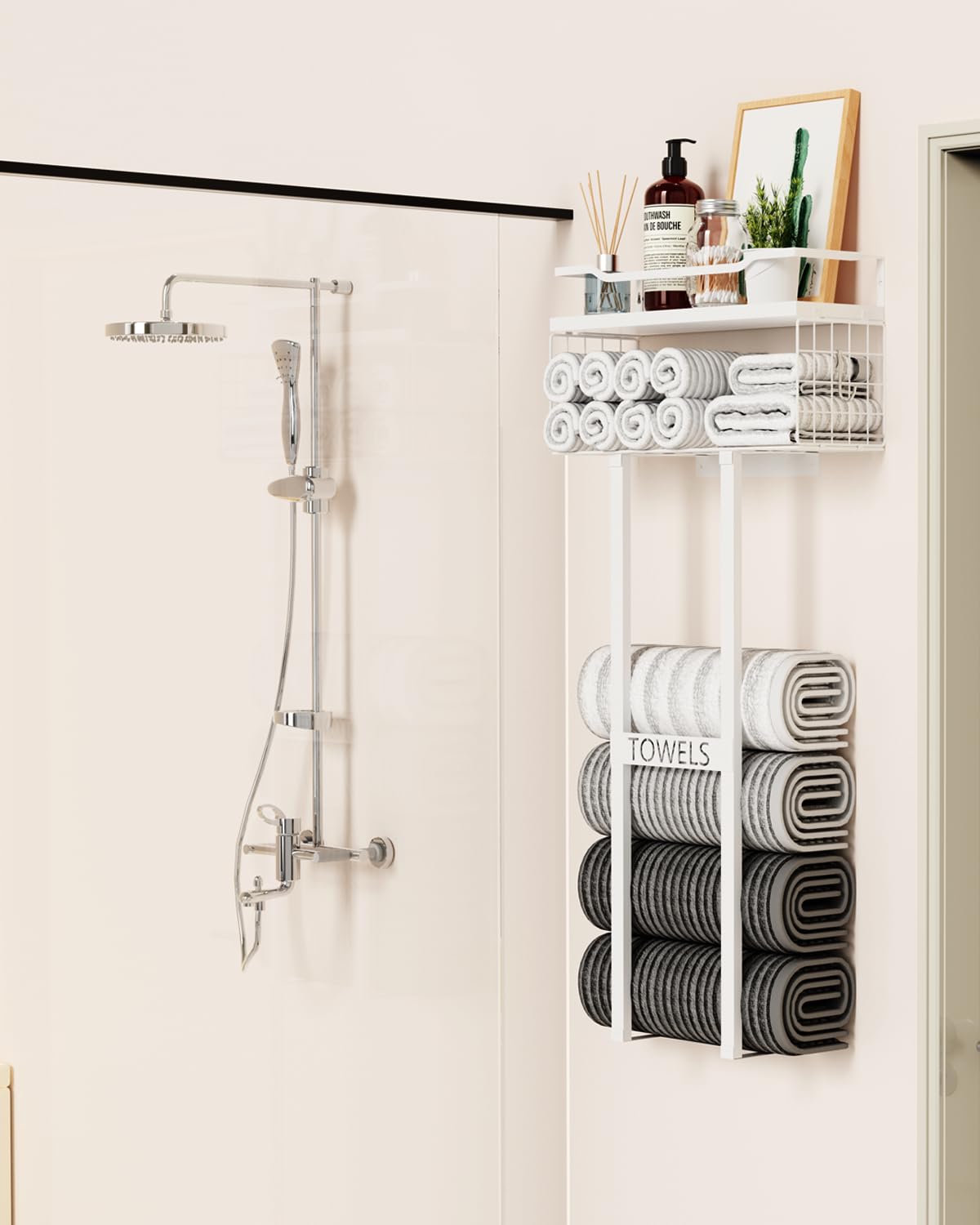 Aetyord spa-style decor blends metal and wood for a calm bathroom.