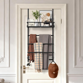 Aetyord towel rack top shelf holds tissues and bath products in black.