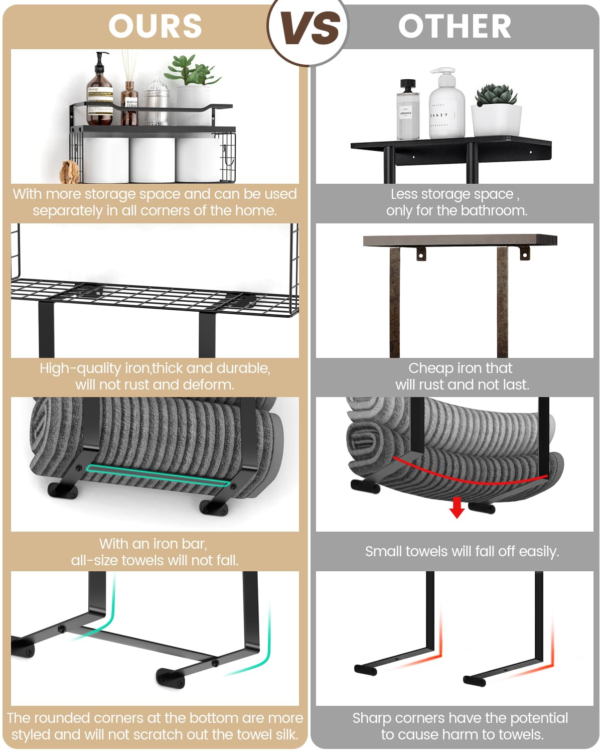 Aetyord towel rack with basket and shelf for organized storage
