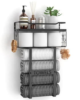 Aetyord wall mounted towel rack in a bathroom displaying rolled towels