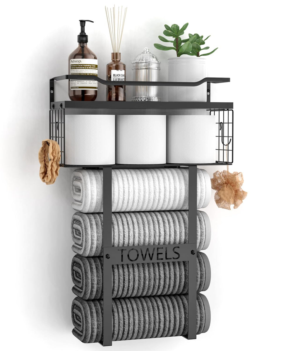 Aetyord wall mounted towel rack in a bathroom displaying rolled towels