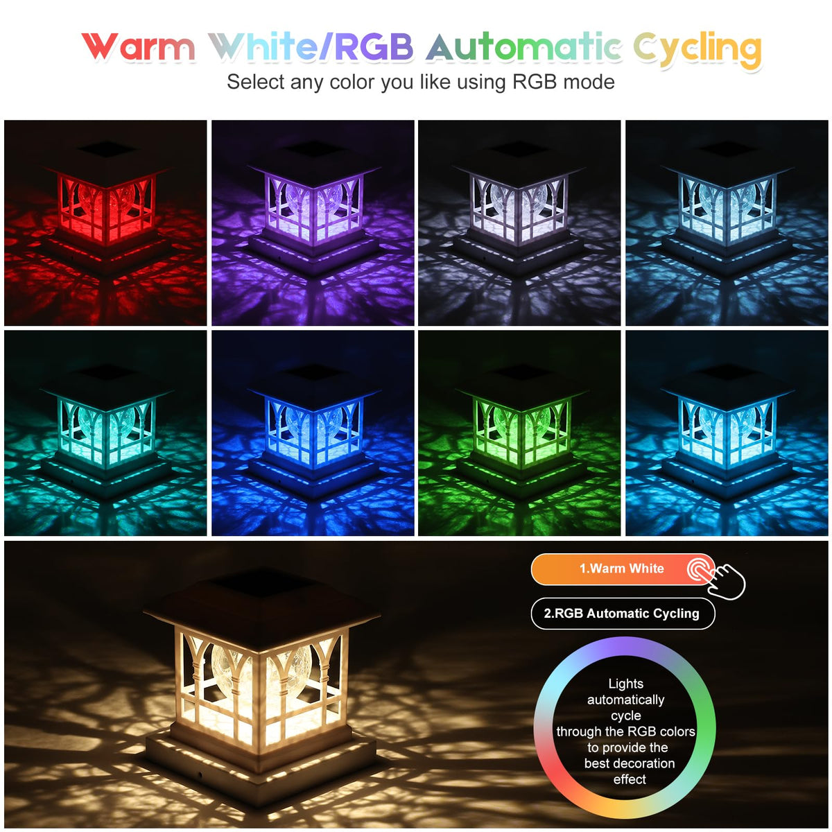 AEYANZZ fence post light RGB cycling creates colorful accents along decks and borders.