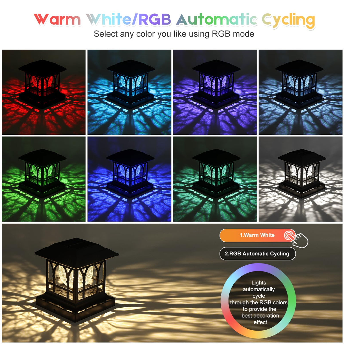 AEYANZZ post light showing warm white mode for subtle pathway illumination