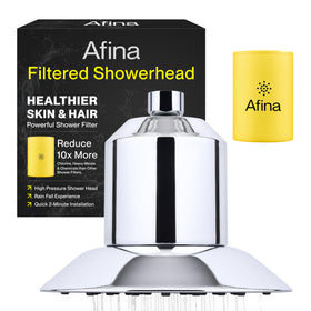 Afina filtered shower head in chrome delivers a luxurious rainfall spray with filtered water.