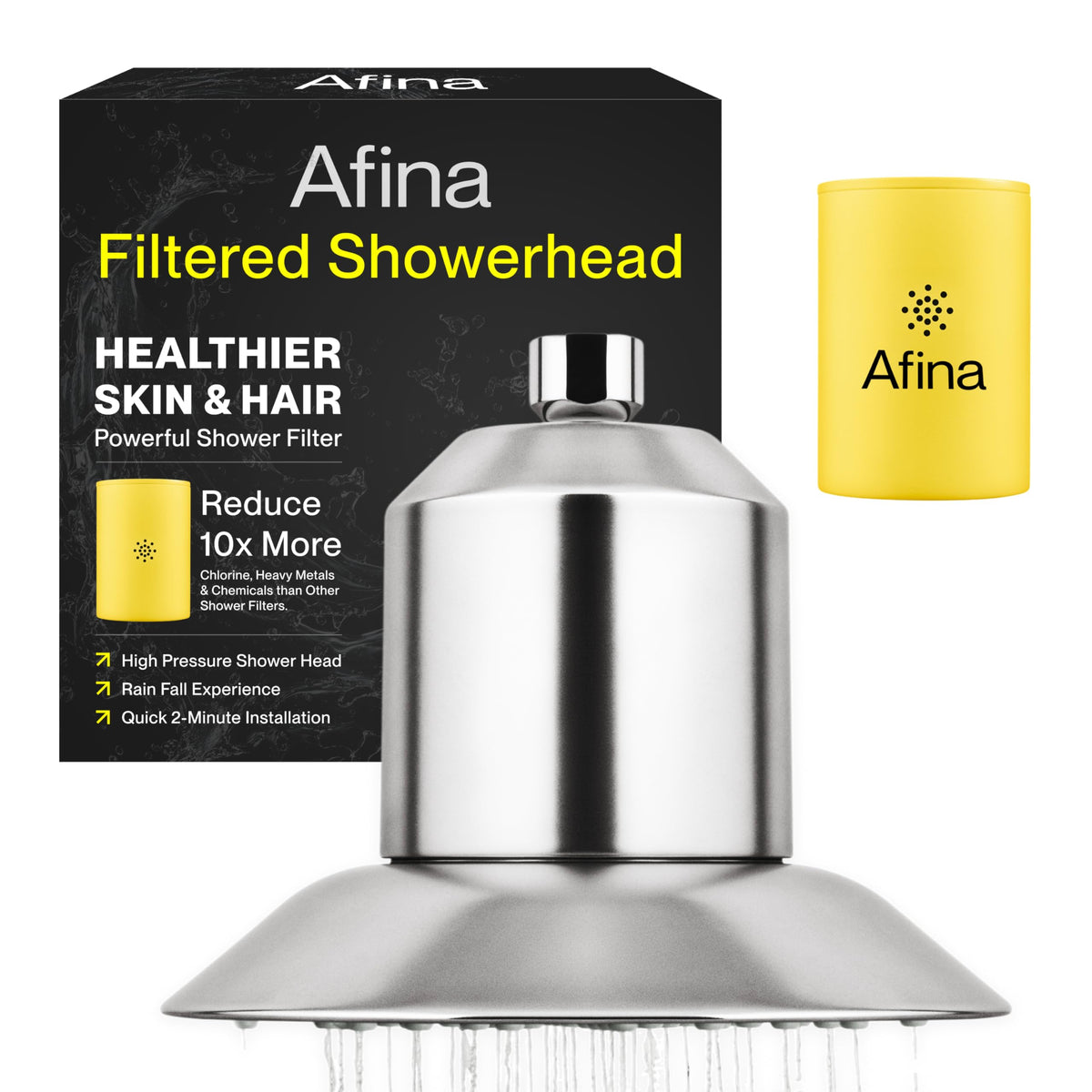 Afina filtered shower head with KDF-55 filter for cleaner water and softer skin.