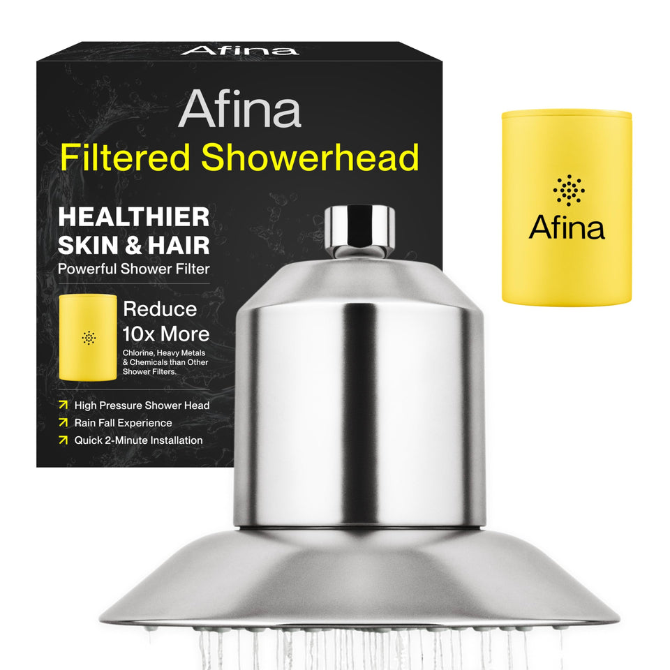 Afina filtered shower head with KDF-55 filter for cleaner water and softer skin.