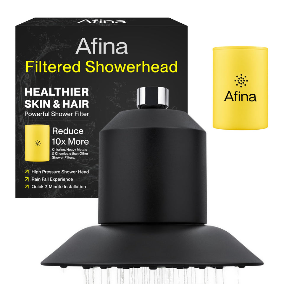 Afina filtered shower head with KDF-55 core reduces chlorine for softer skin.