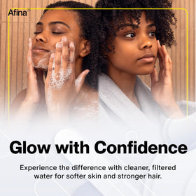 Afina-filtered shower head minimizes mineral buildup for easier upkeep.