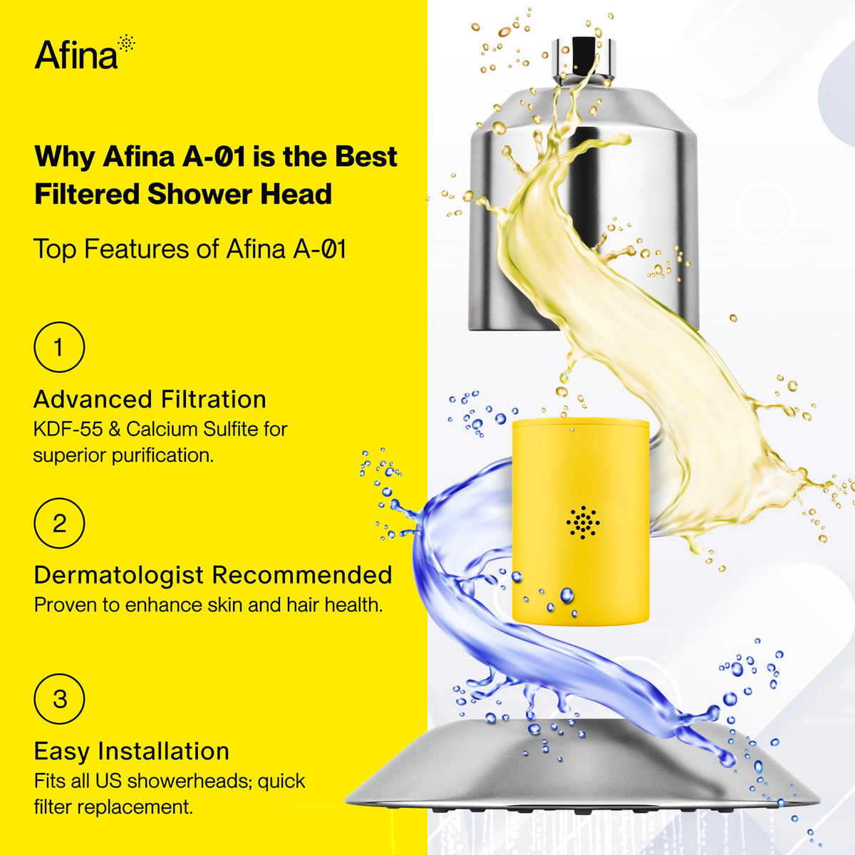 Afina high-pressure filtered showerhead preserves flow while filtering.