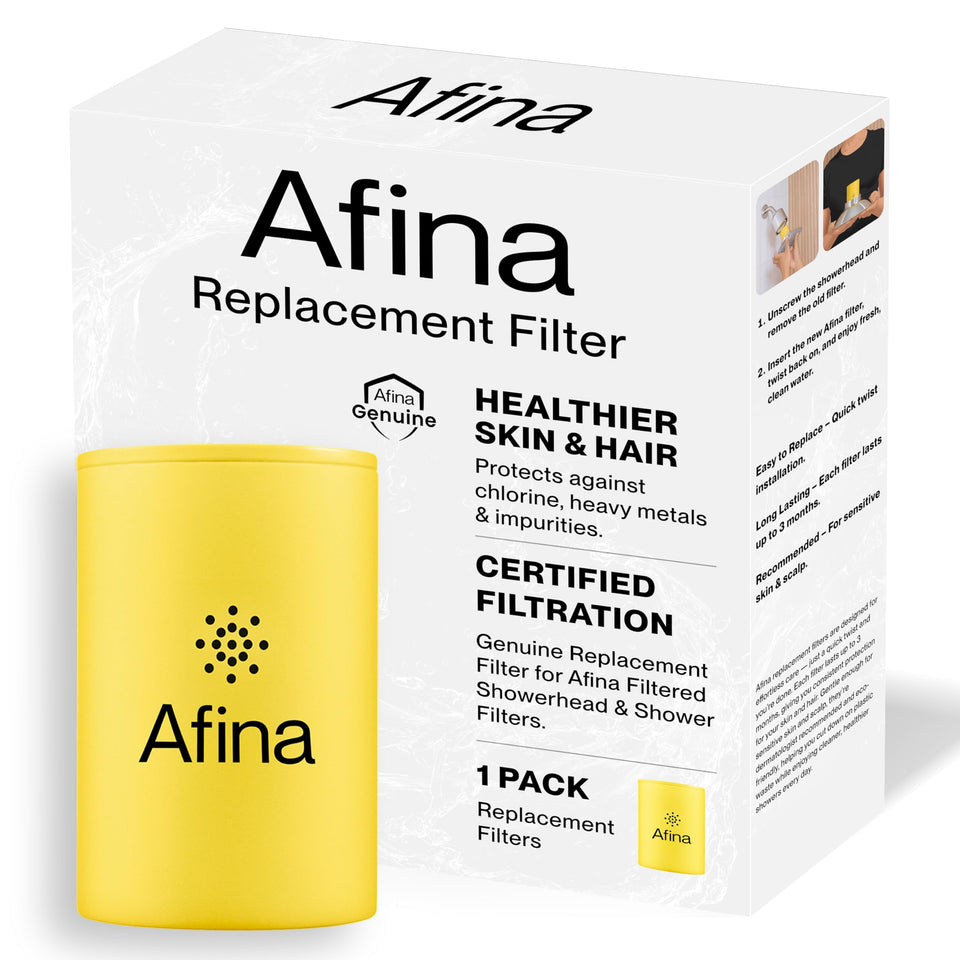 Afina replacement filter in showerhead for cleaner water and smoother skin.