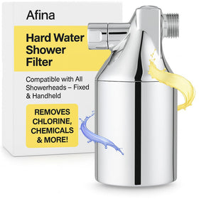 Afina shower filter chrome front view showing universal compatibility.