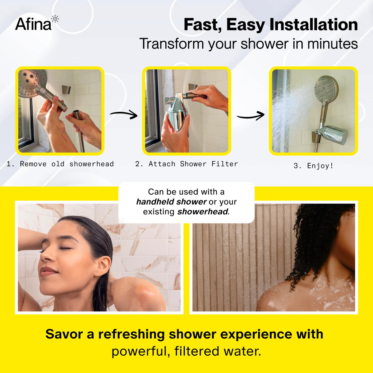 Afina packaging photo highlighting chrome finish and easy replacement.