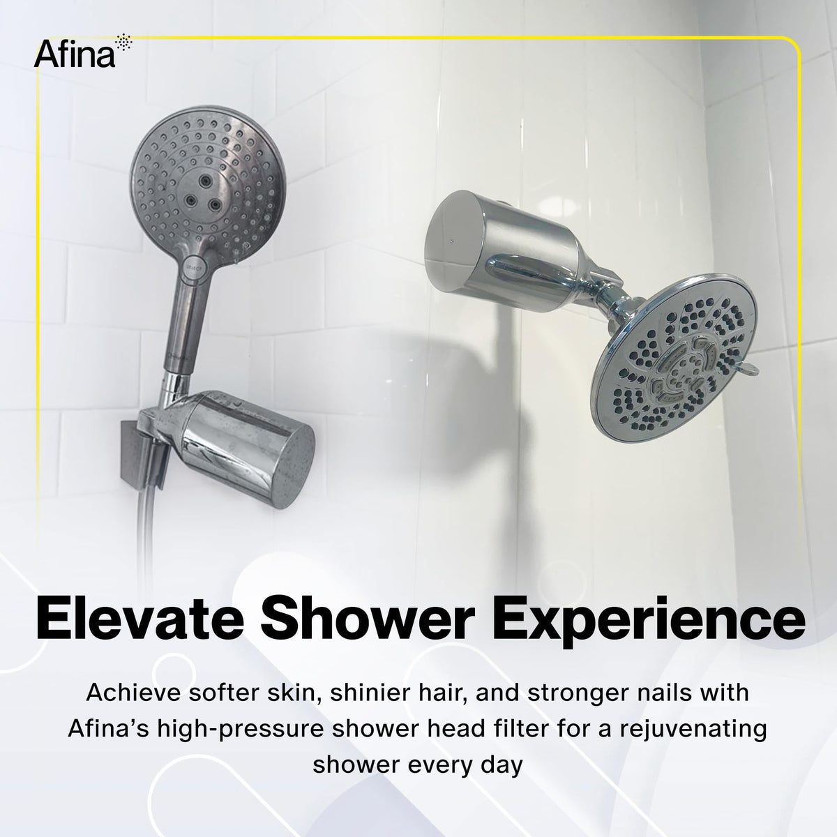 Afina chrome image with water droplets emphasizing refreshed feel after filtration.