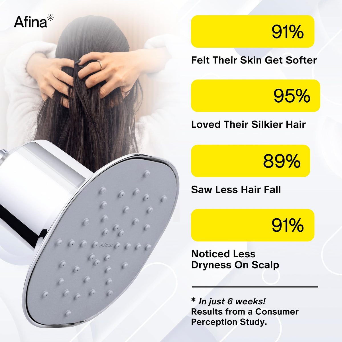 Afina universal-fit shower head demonstrates quick tool-free installation.