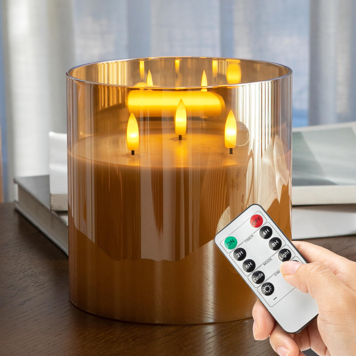 AFINETH extra-large flameless candle with three wicks in glass for elegant ambiance.