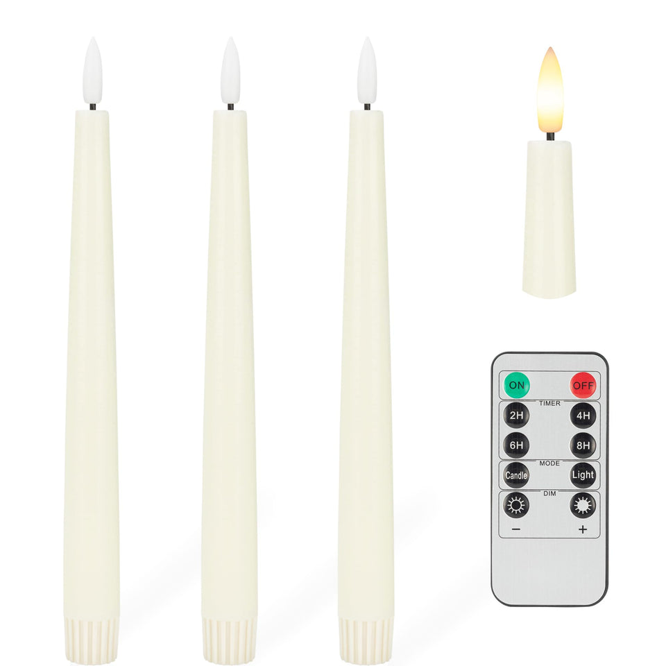 AFINETH flameless taper candle with 3D wick emits a realistic warm ivory glow.