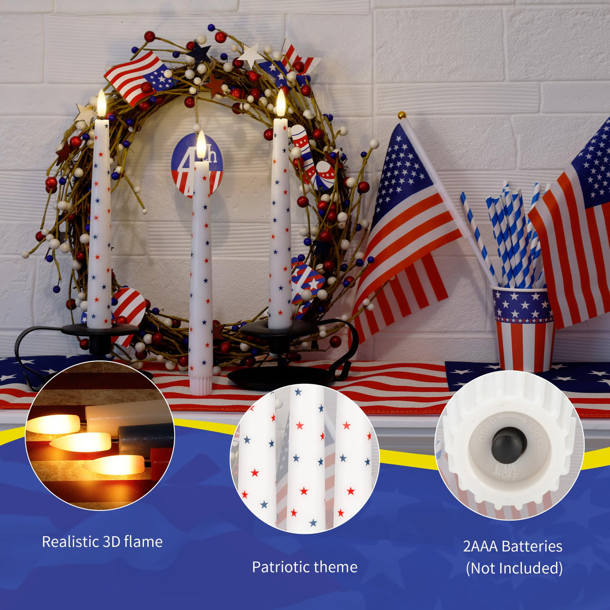 AFINETH patriotic stars design candles add festive red, white, blue accents.