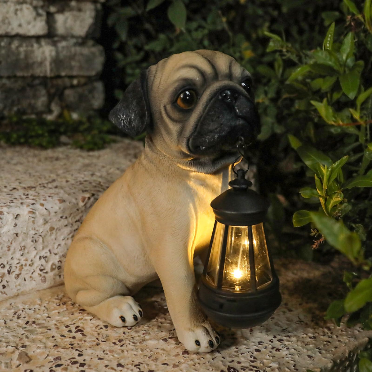 Afirst backyard patio dog ornament creates a friendly focal point after dusk.