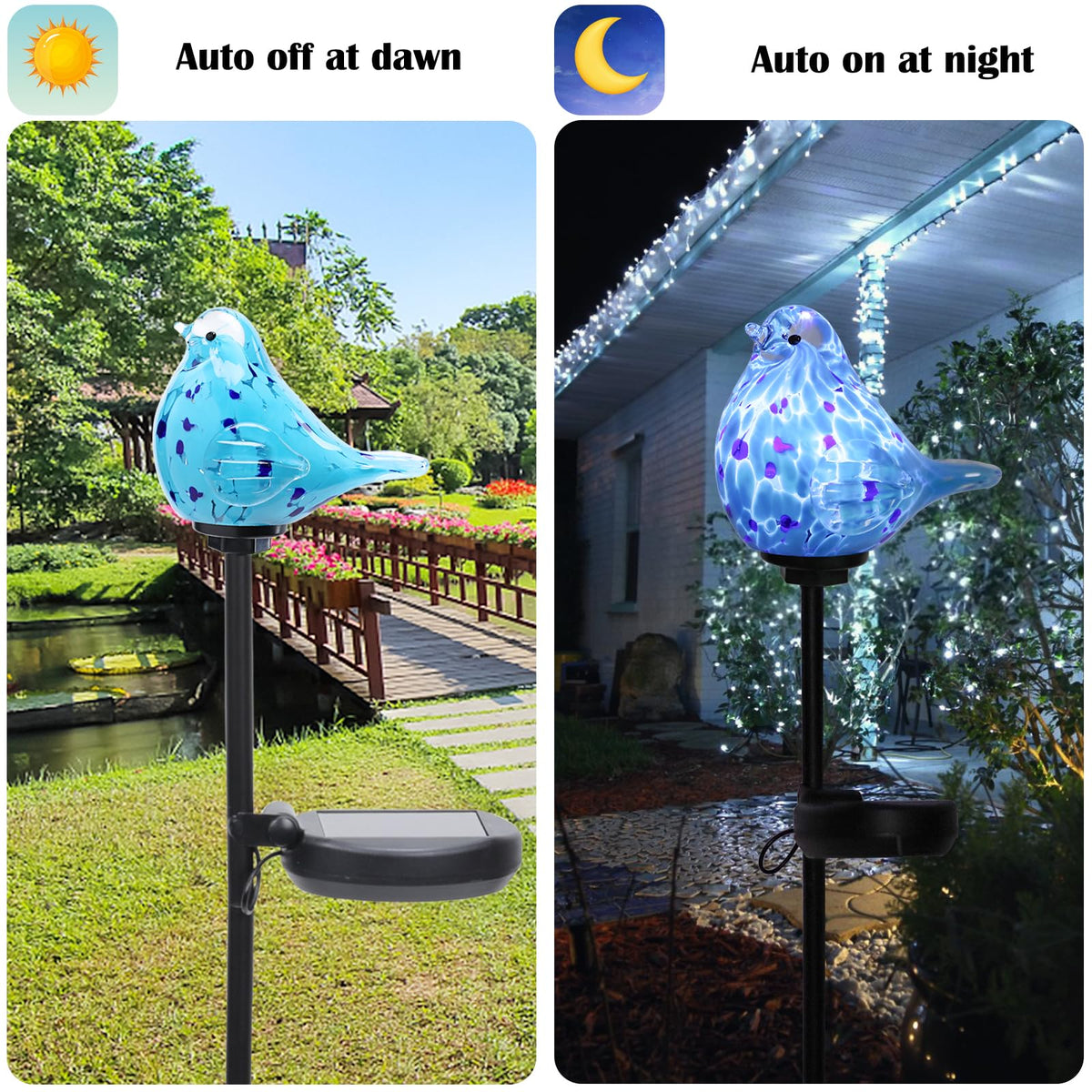Afirst bluebird garden decor light enhances outdoor spaces with warm glow.