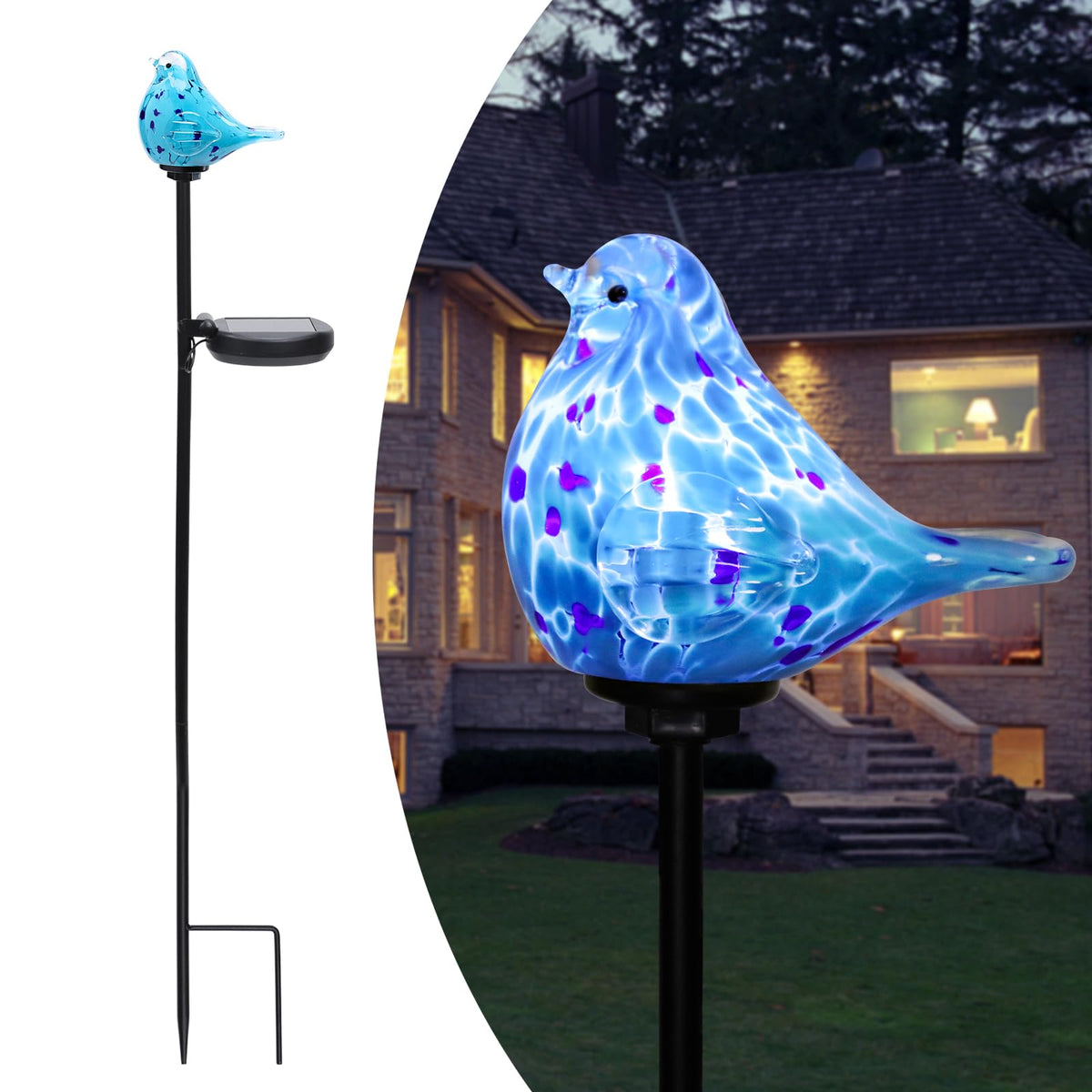 Afirst bluebird stake light with glass accent for elegant garden decor.