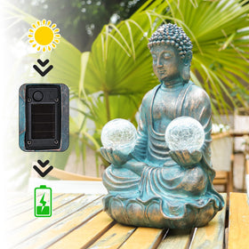 Afirst hand-painted Buddha statue with UV coating resists weather and color fade