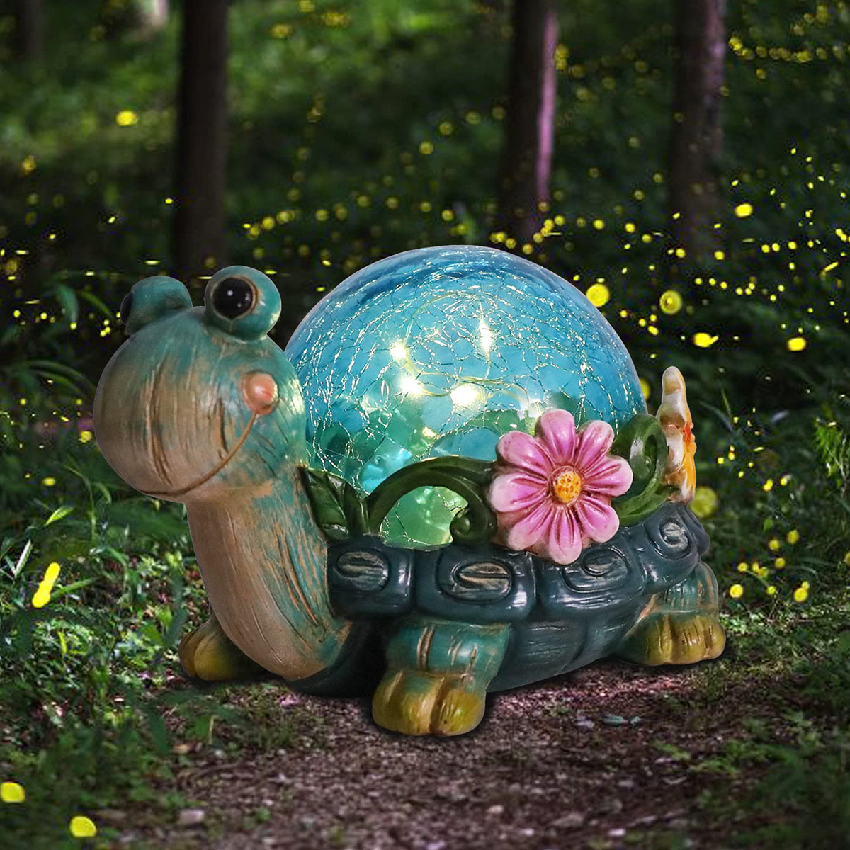 Afirst cracked-glass turtle ornament enhances outdoor decor texture