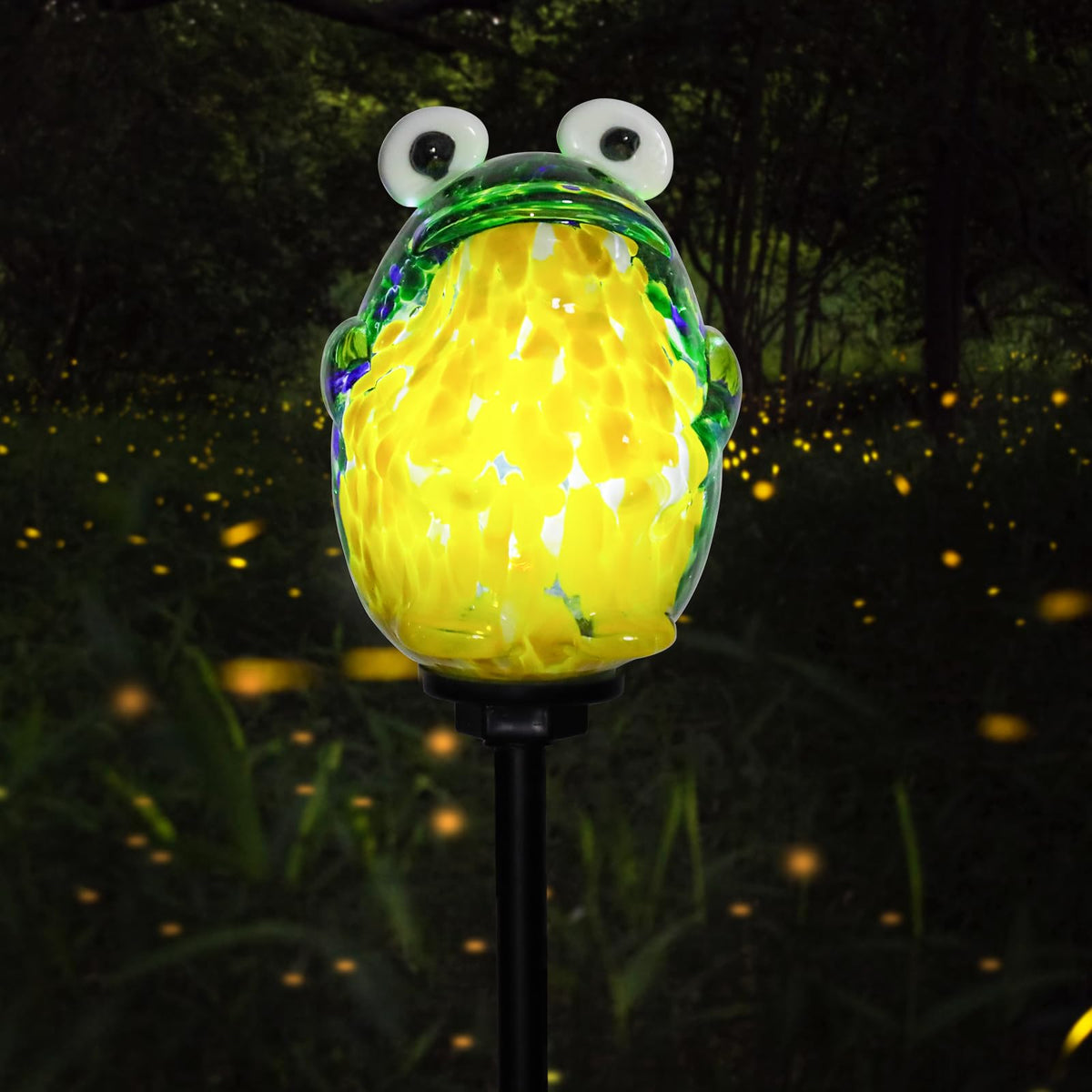 Afirst frog stake brightens walkways with energy efficient illumination.