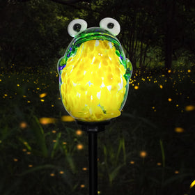 Afirst frog stake brightens walkways with energy efficient illumination.
