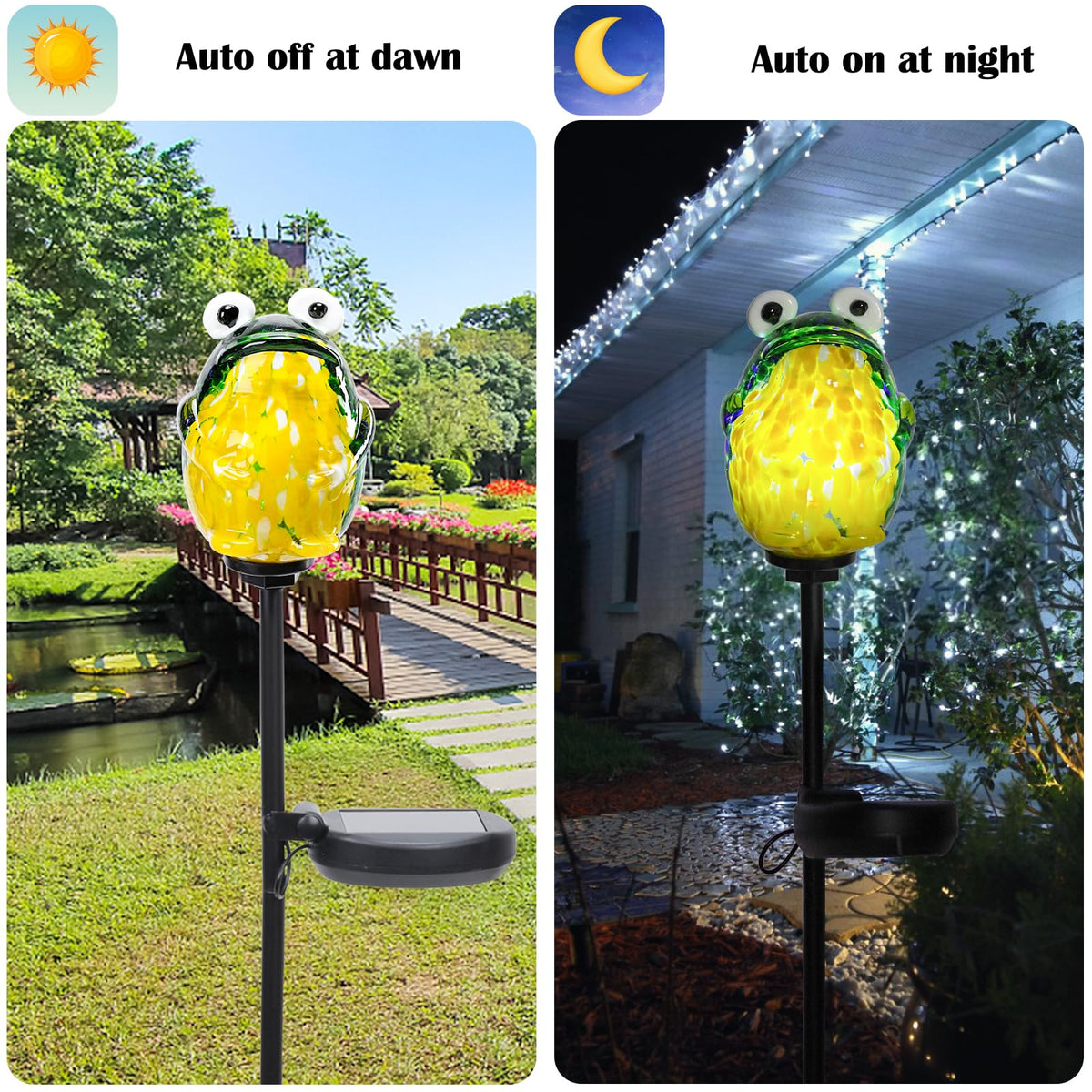 Afirst glass frog pathway light adds color and whimsy to gardens.