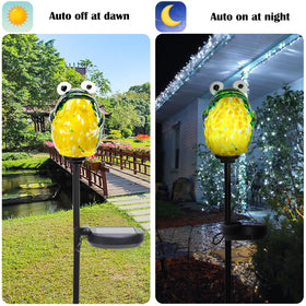 Afirst glass frog pathway light adds color and whimsy to gardens.