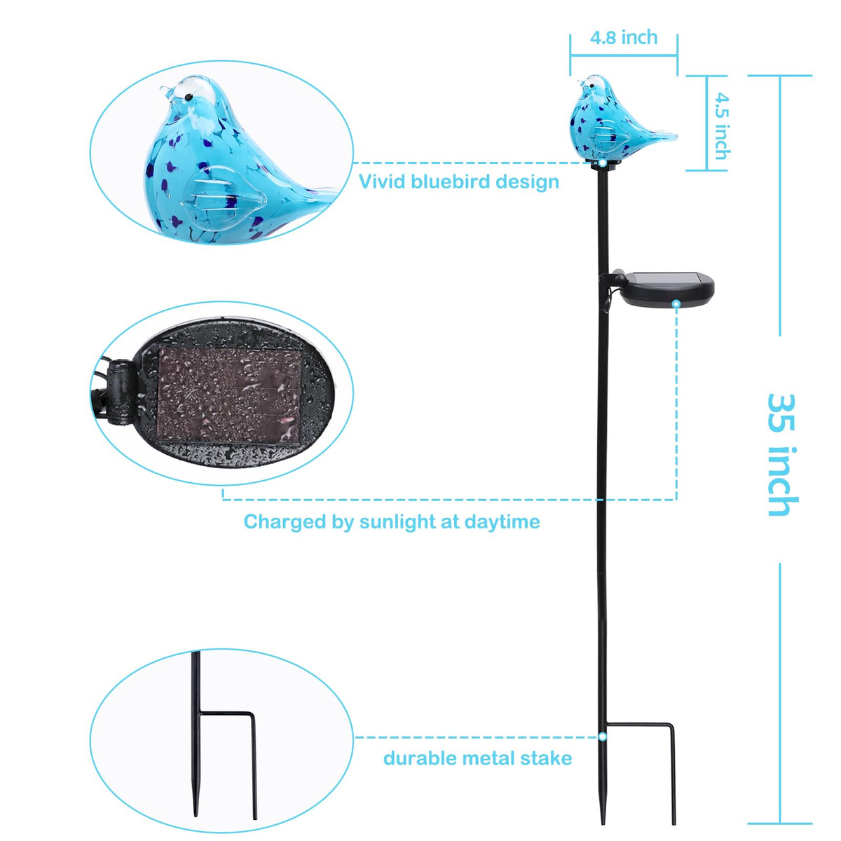 Afirst hand-blown glass bluebird light adds artistry to any yard.