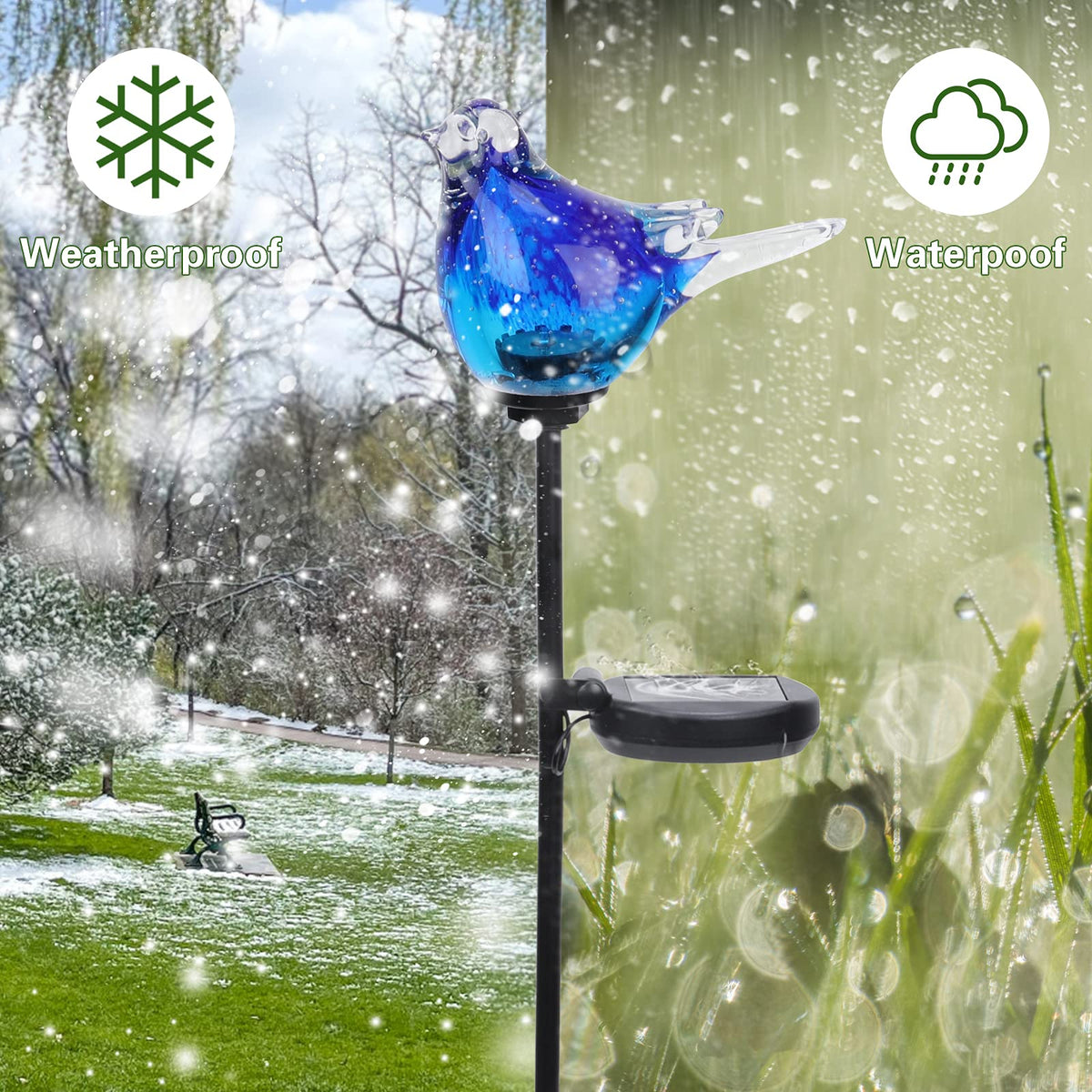 Afirst outdoor solar light is waterproof for year-round use.