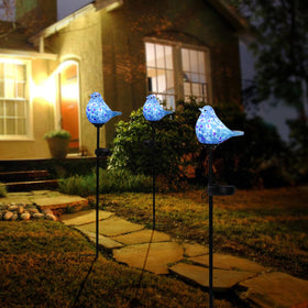 Afirst solar bluebird garden light powers automatically for easy nighttime ambiance.