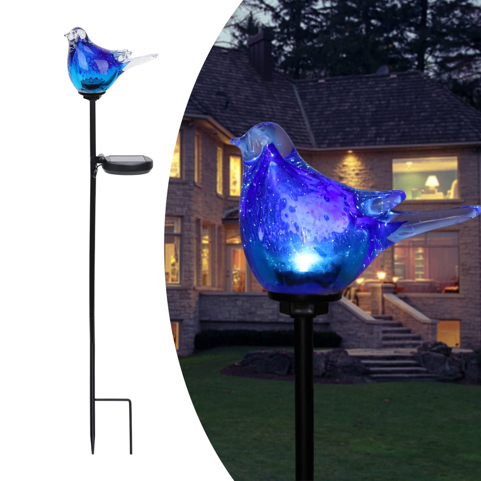 Afirst Solar Bluebird Stake Light close-up shows hand-blown glass craftsmanship.