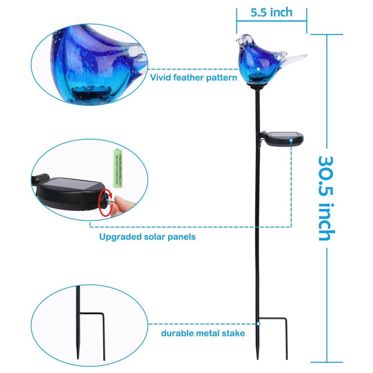 Afirst Solar Bluebird Stake Light side view highlighting its silhouette.