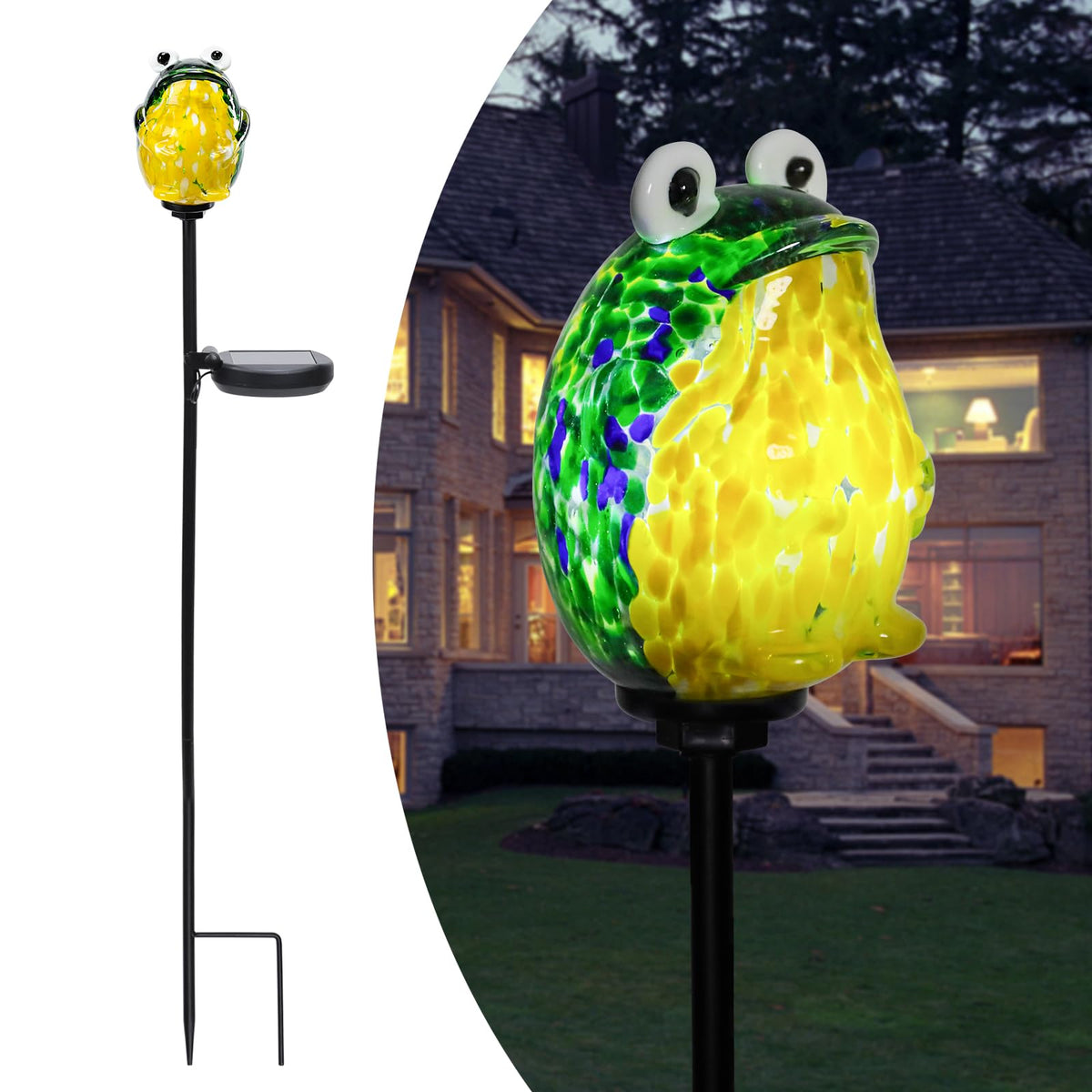Afirst solar frog garden stake light illuminates pathways with a warm, welcoming glow.