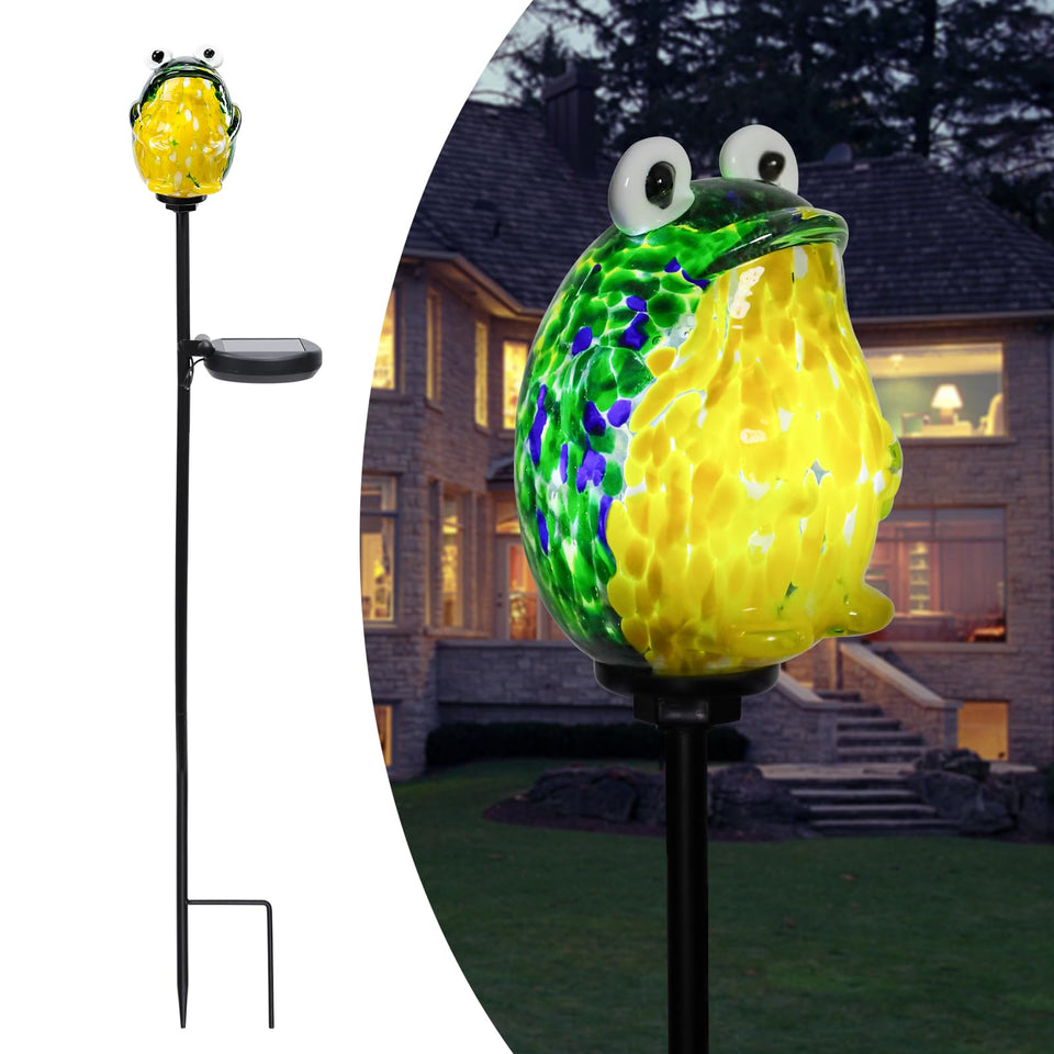 Afirst solar frog garden stake light illuminates pathways with a warm, welcoming glow.