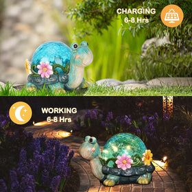 Afirst solar turtle garden statue glowing at night adds warm ambiance