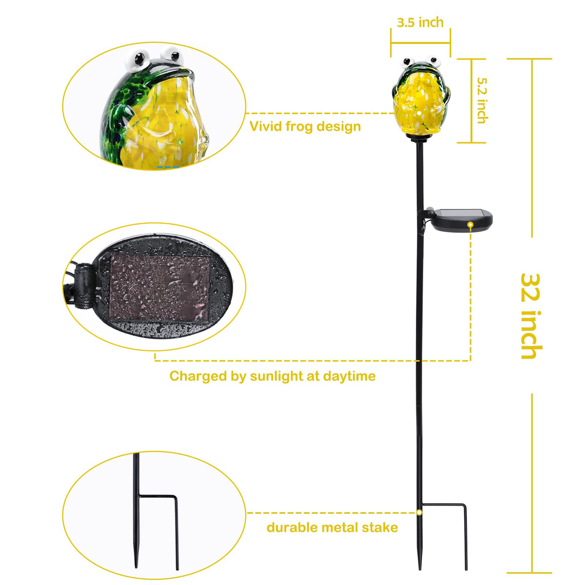 Afirst waterproof frog stake stays durable in rain and wind.