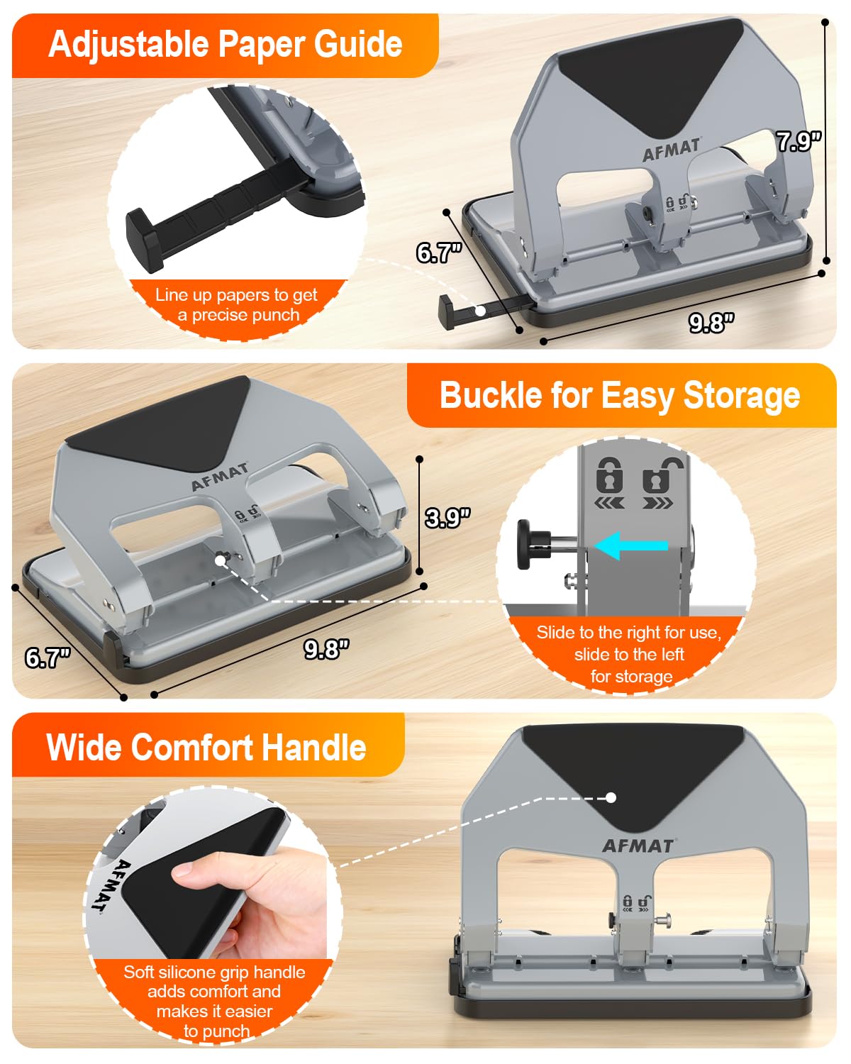 AFMAT 3-hole punch large chip tray minimizes interruptions during punching