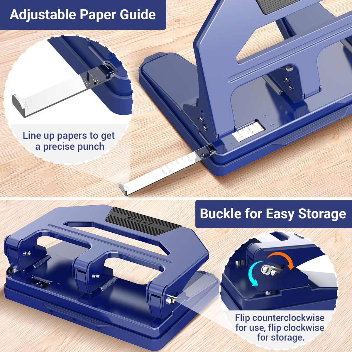 AFMAT 3-Hole Punch adjustable paper guide ensures consistent alignment