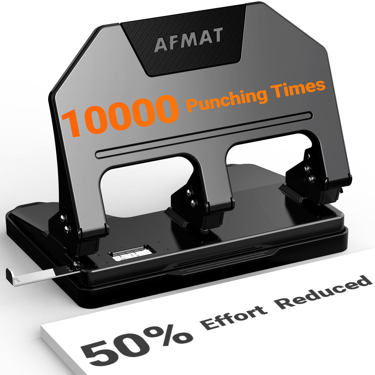 AFMAT 3-hole punch heavy duty front view shows durable metal construction for daily binding.