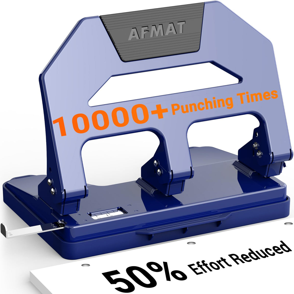 AFMAT 3-Hole Punch front view highlights durable metal construction and easy operation