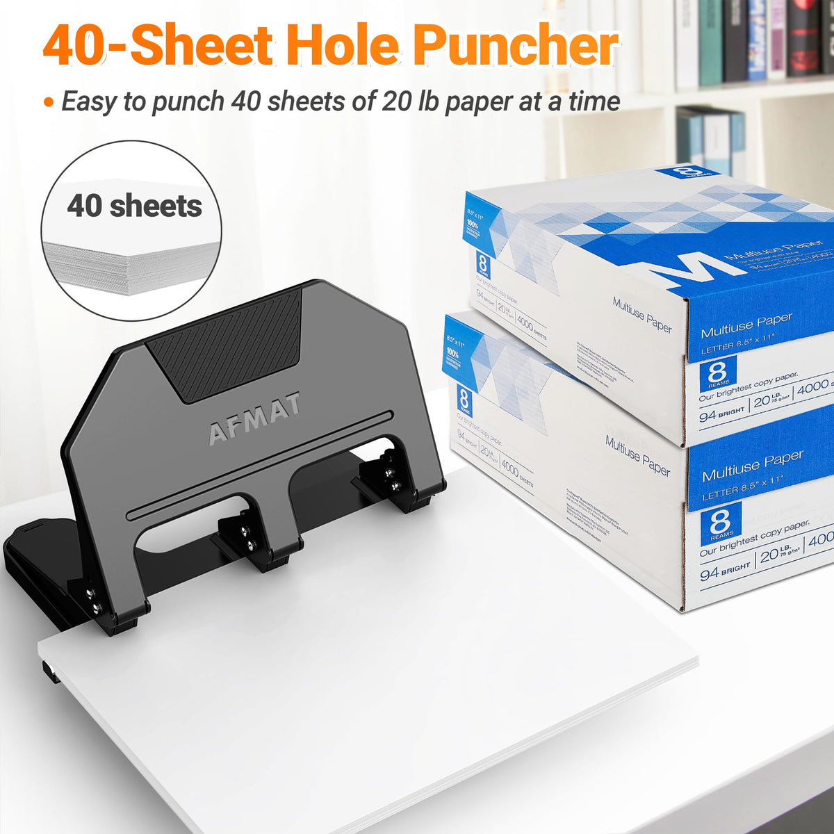 AFMAT 3-hole punch lever detail emphasizes 50% less effort for easy punching.