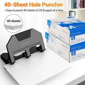 AFMAT 3-hole punch lever detail emphasizes 50% less effort for easy punching.